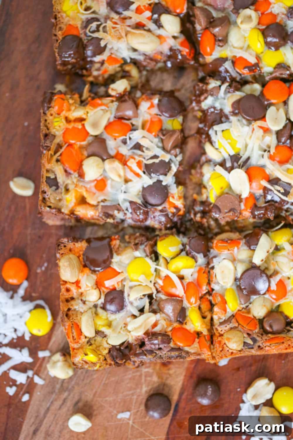 Reese's Pieces Peanut Butter Dream Bars 7 Reese's Pieces Magic Bars displayed on a serving platter