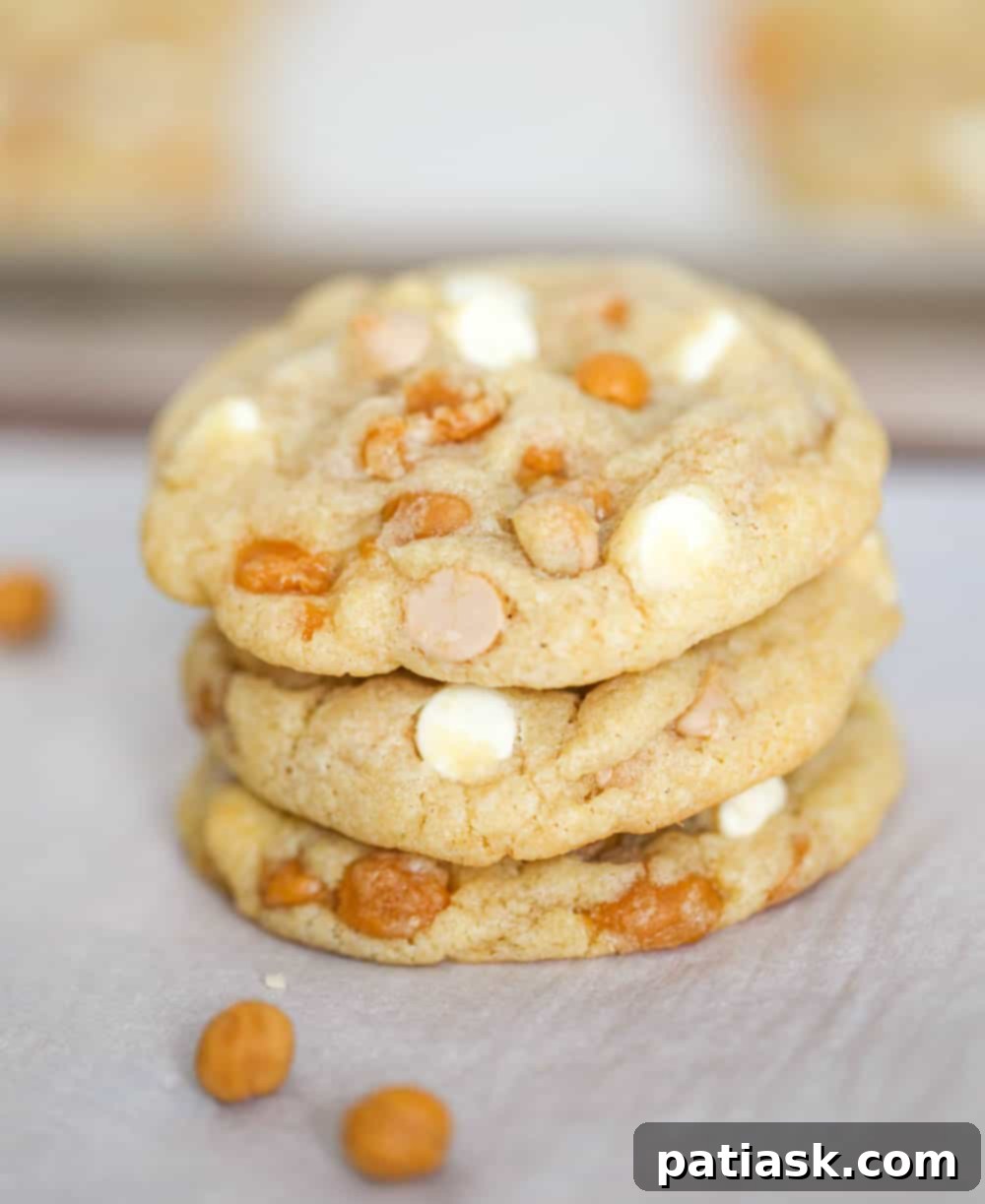 Sweet & Salty White Chocolate Caramel Gems 8 Stack of freshly baked Salted Caramel White Chocolate Cookies