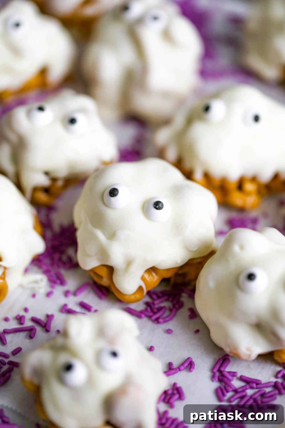 Spooky Cereal Snack Bars 5 Close-up of a decorated monster Halloween Cereal Treat with purple sprinkles and candy eyeballs