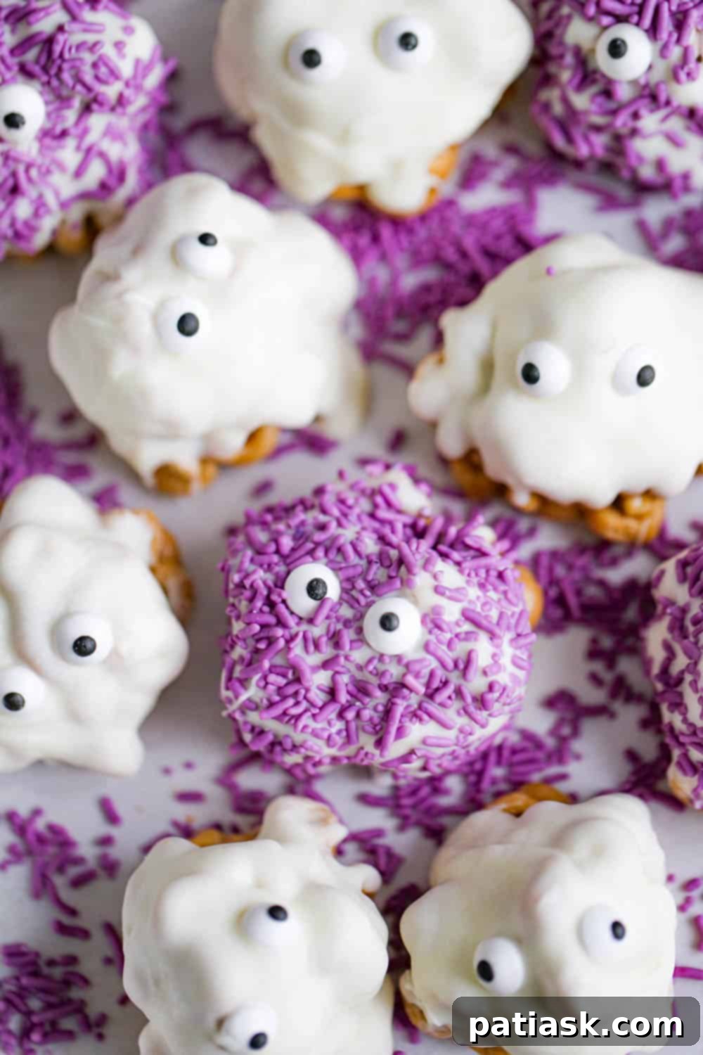 Spooky Cereal Snack Bars 3 Finished Easy Halloween Cereal Treats decorated as monsters and ghosts with white chocolate and sprinkles