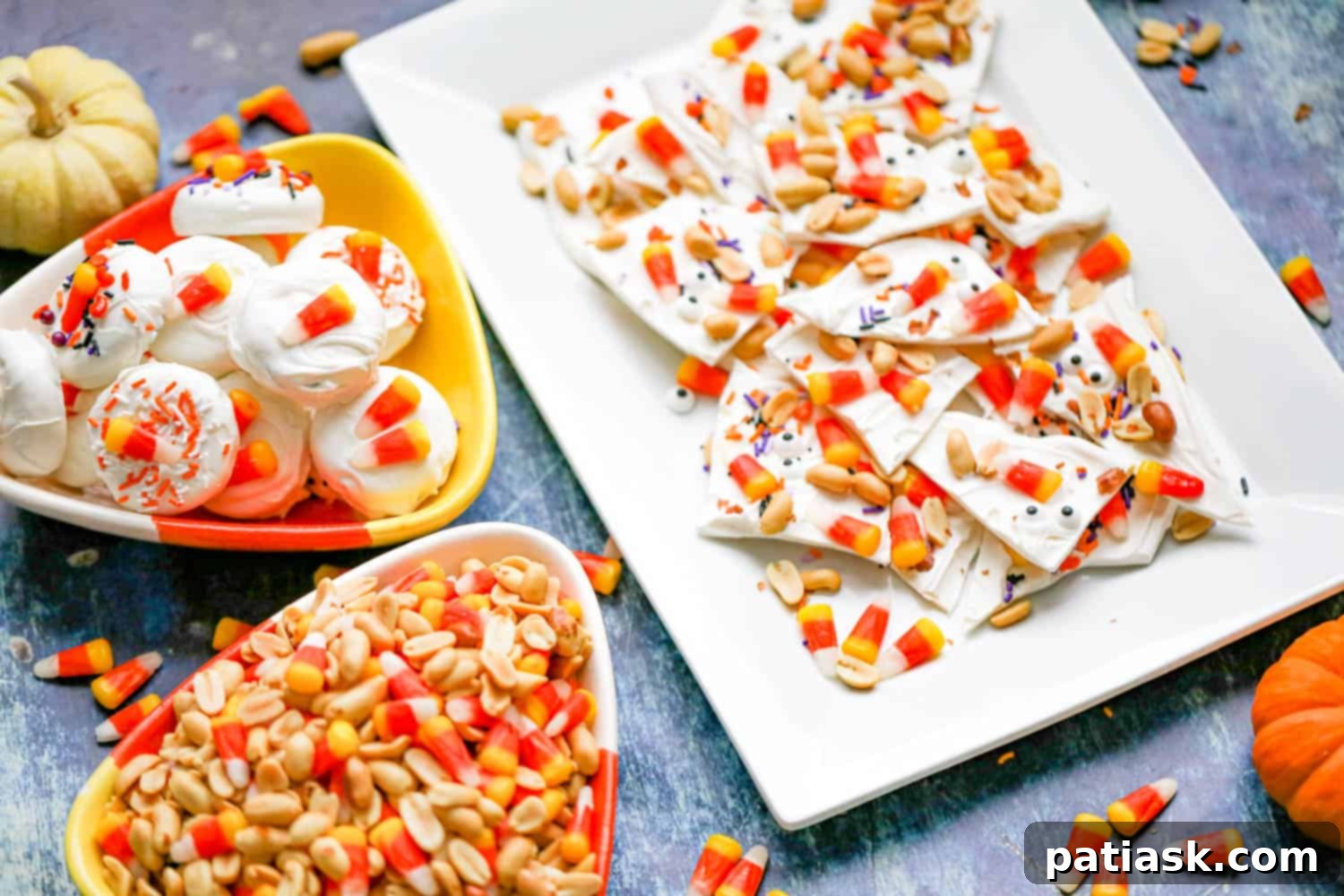 Assortment of candy corn bark variations