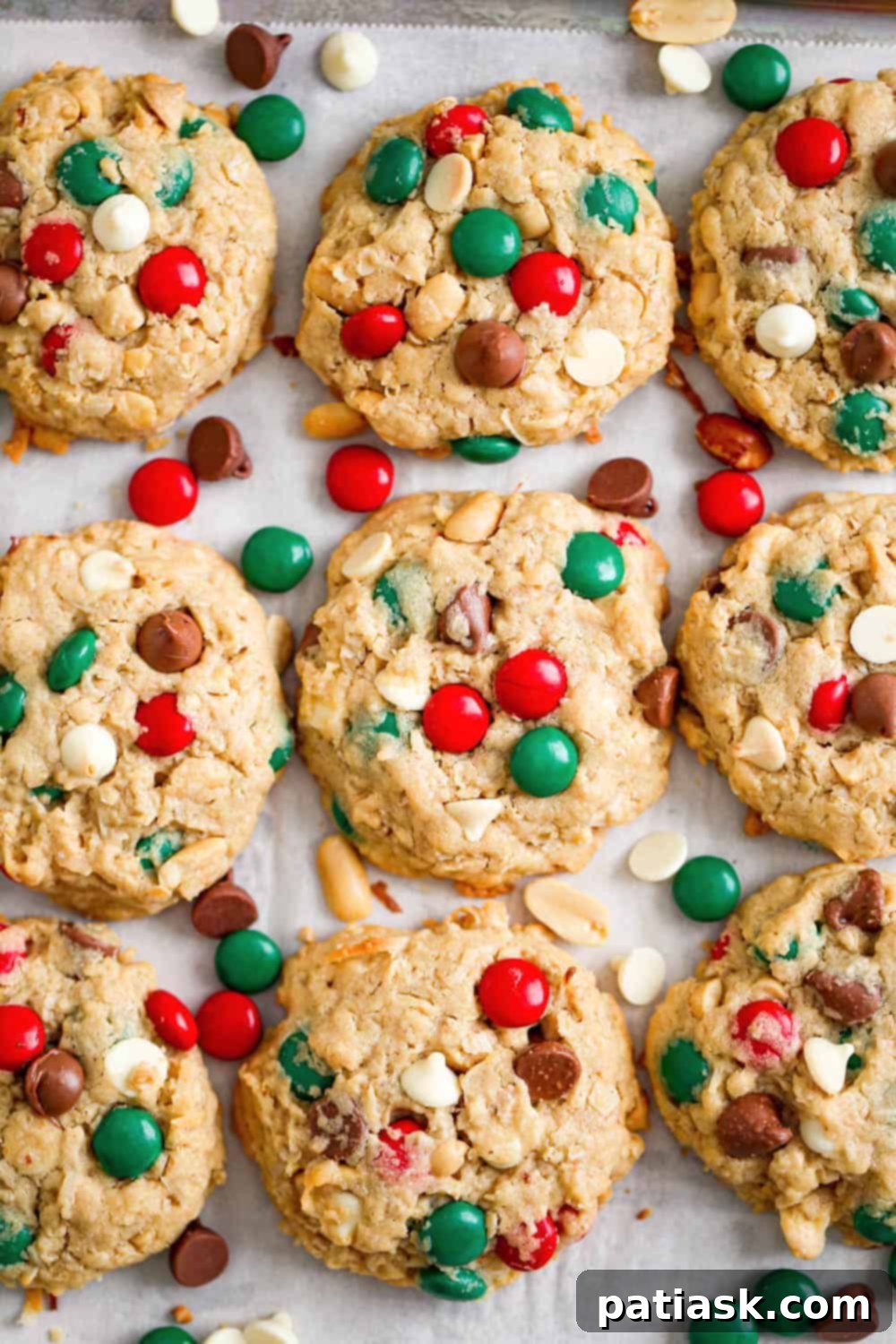 Rows of festive Christmas Cowboy Cookies, a bakery-style oatmeal cookie recipe