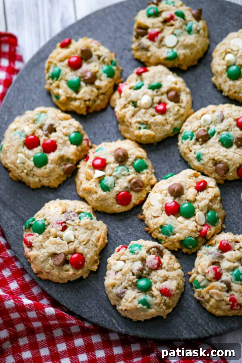 Peanut butter M&M cowboy cookies adorned for Christmas