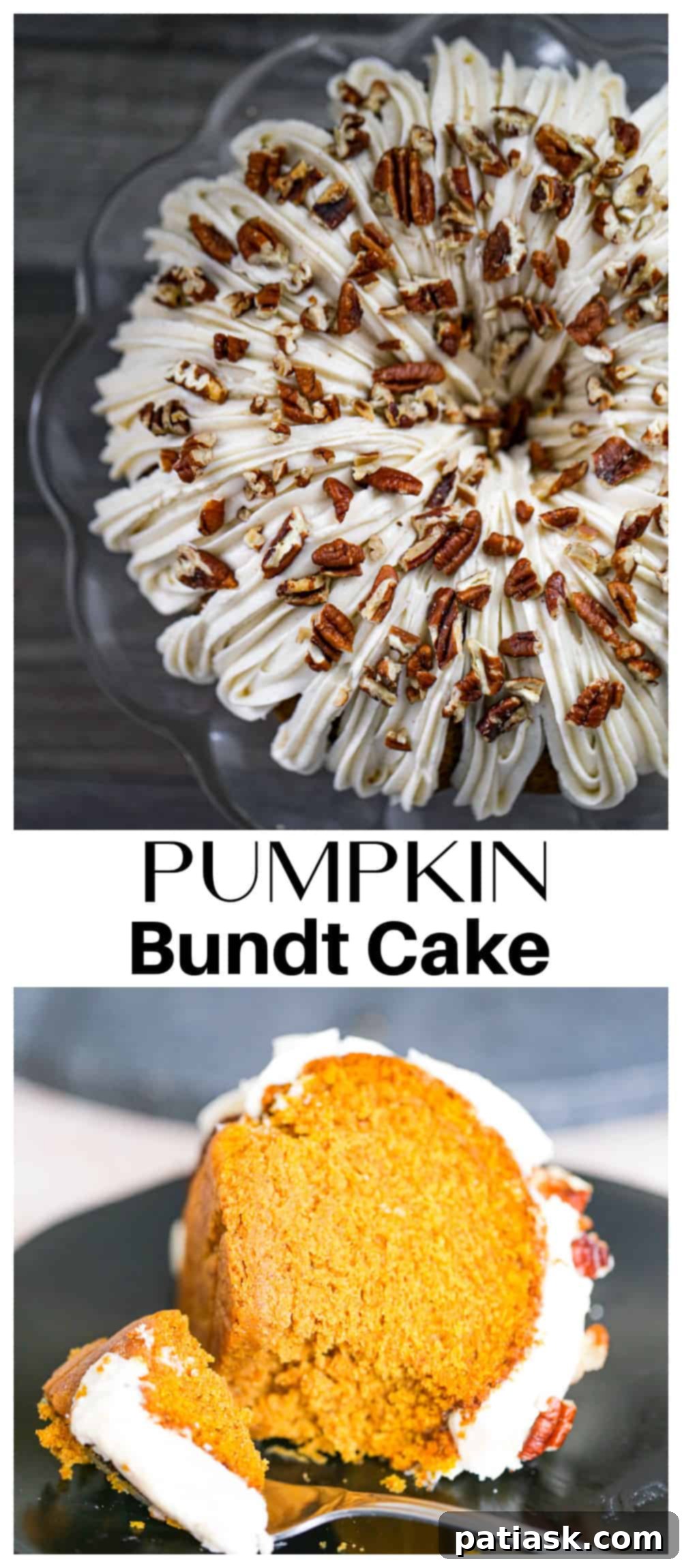 Detailed shots of the Pumpkin Bundt Cake frosting and cake layers