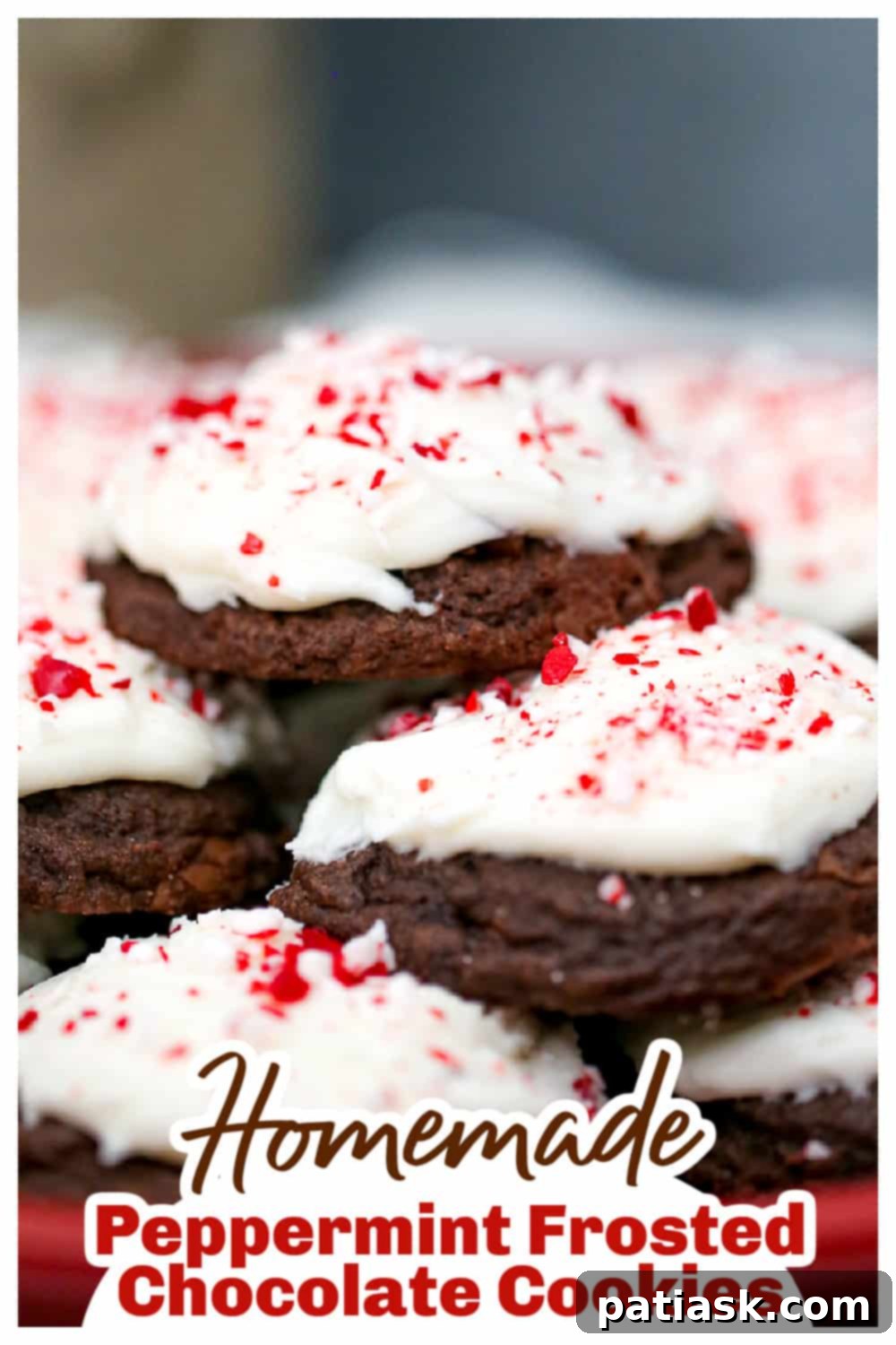 Mint Chocolate Dream Bites 10 Another beautiful shot of Peppermint Frosted Chocolate Cookies on a serving tray.