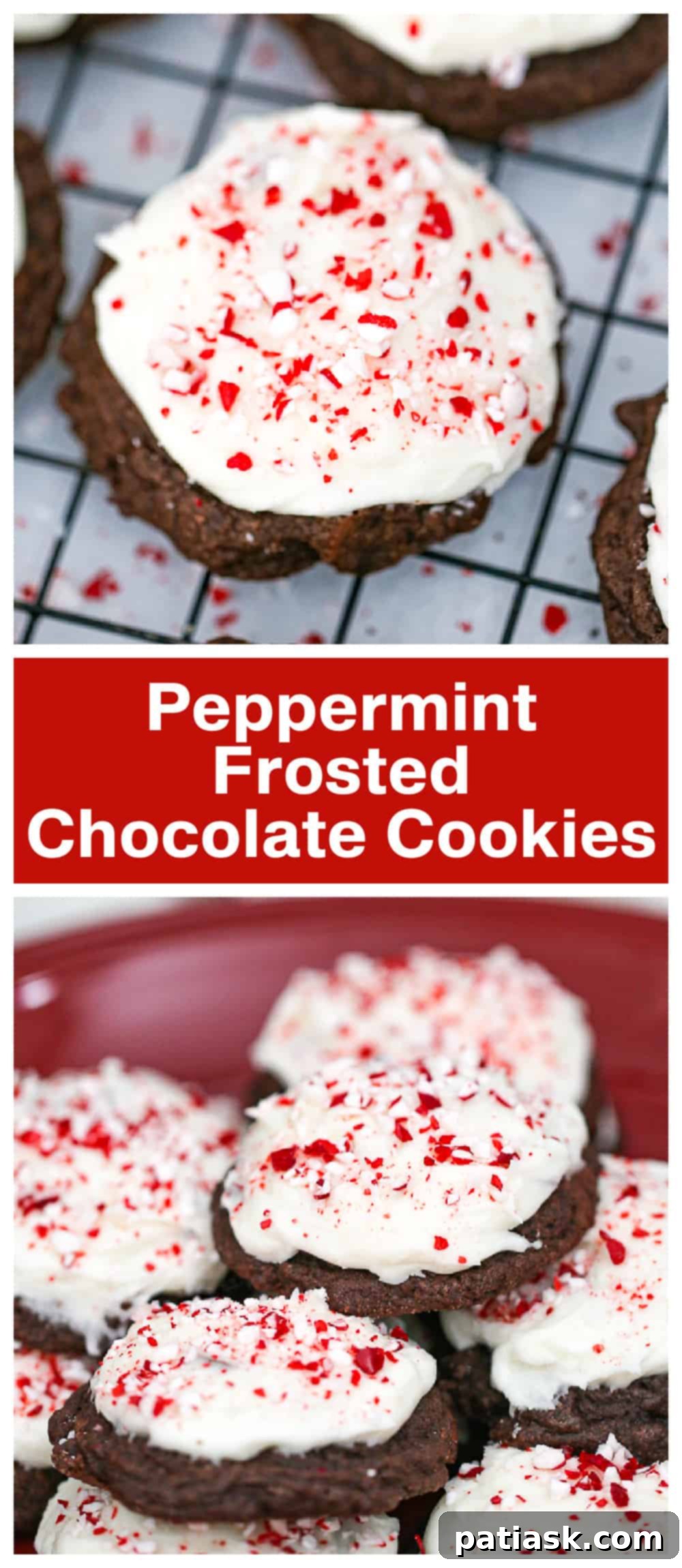 Mint Chocolate Dream Bites 12 A wide shot of freshly baked peppermint frosted chocolate cookies, perfect for a holiday spread.