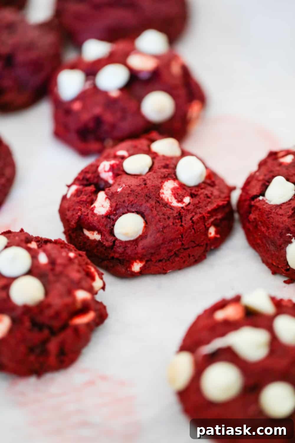 A tray of freshly baked Red Velvet Levain Cookies