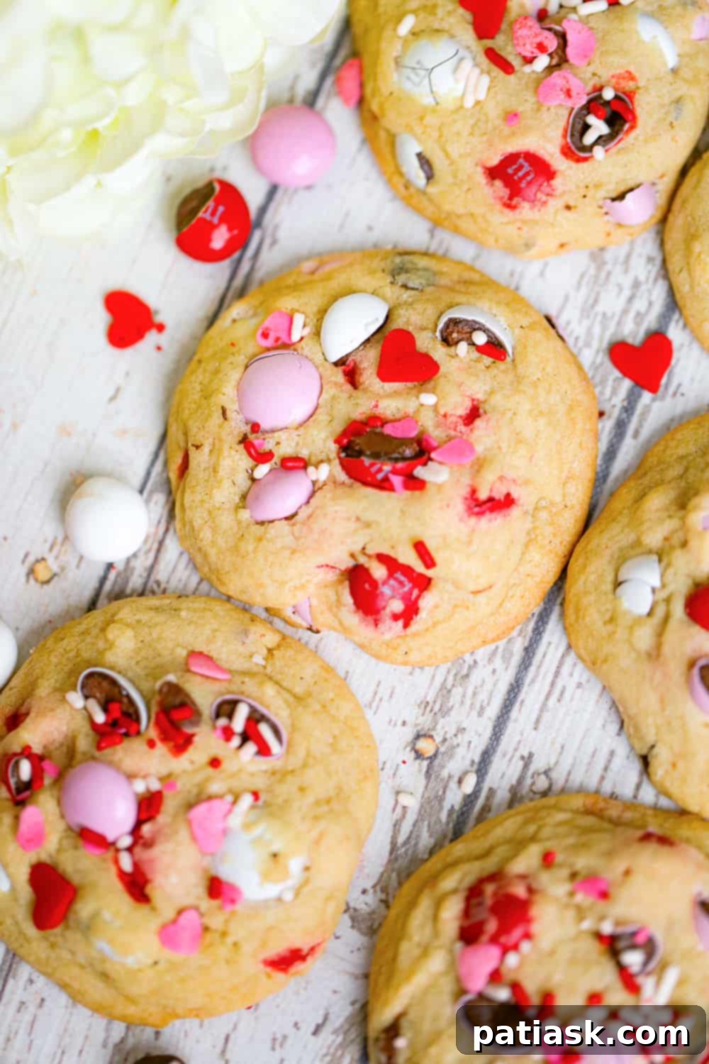 Colorful Valentines M and M Cookies 7 Valentine's Day M&M Cookies recipe red, pink and white chocolate candies
