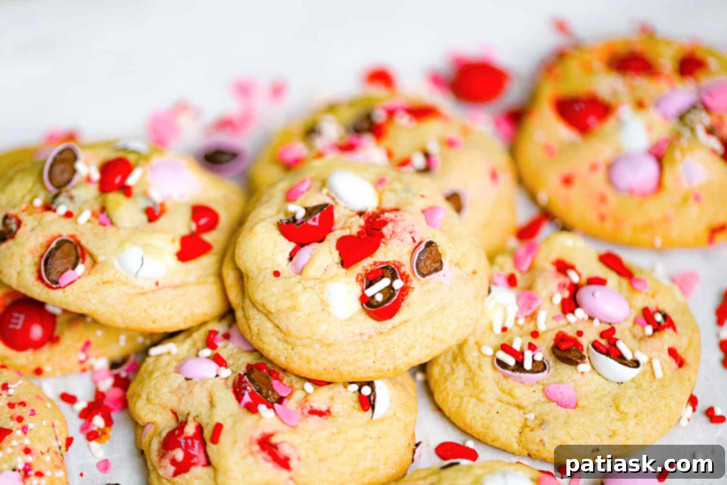 Colorful Valentines M and M Cookies 3 Valentine's Day M&M Cookies recipe red, pink and white chocolate candies