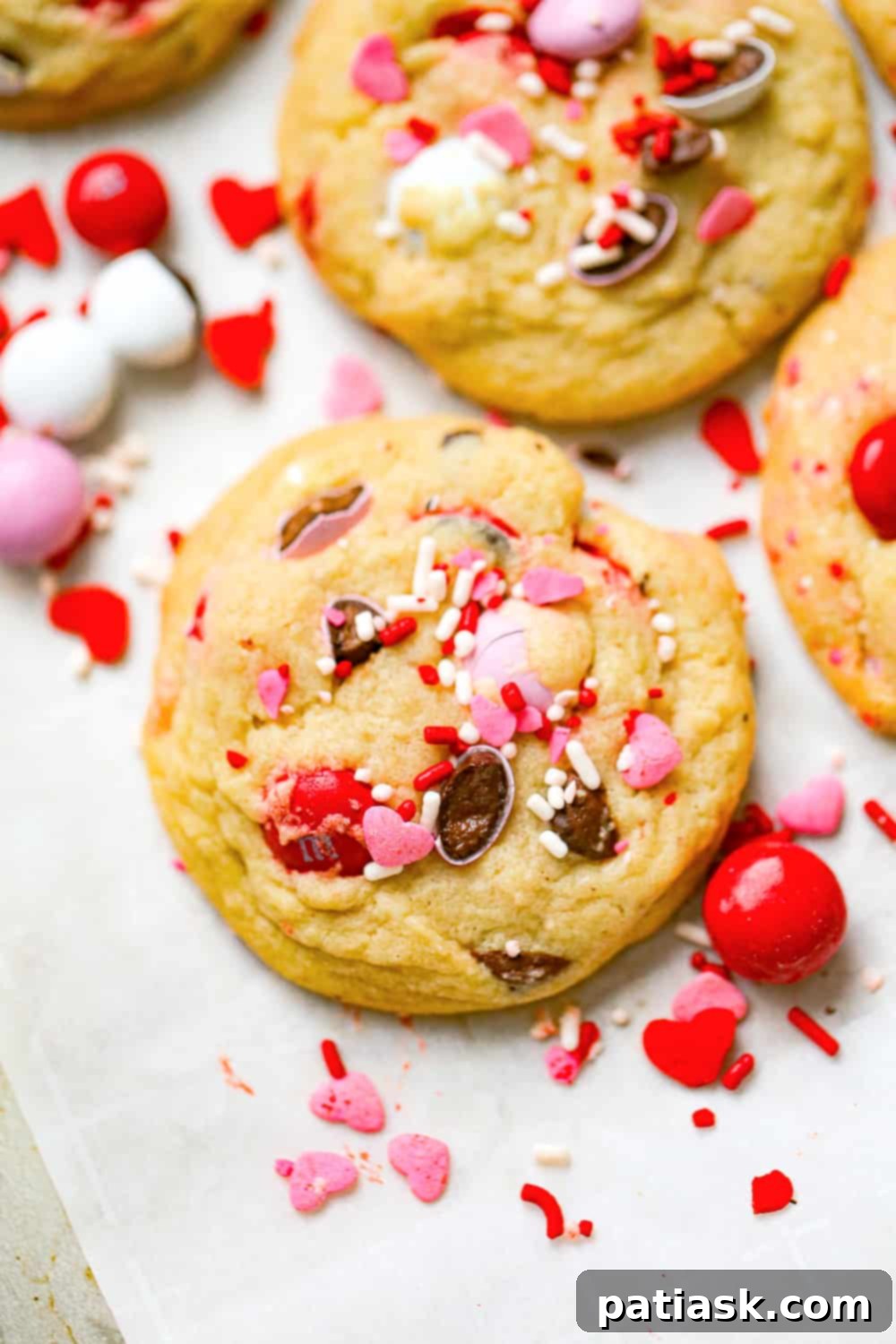 Colorful Valentines M and M Cookies 4 Valentine's Day M&M Cookies recipe red, pink and white chocolate candies