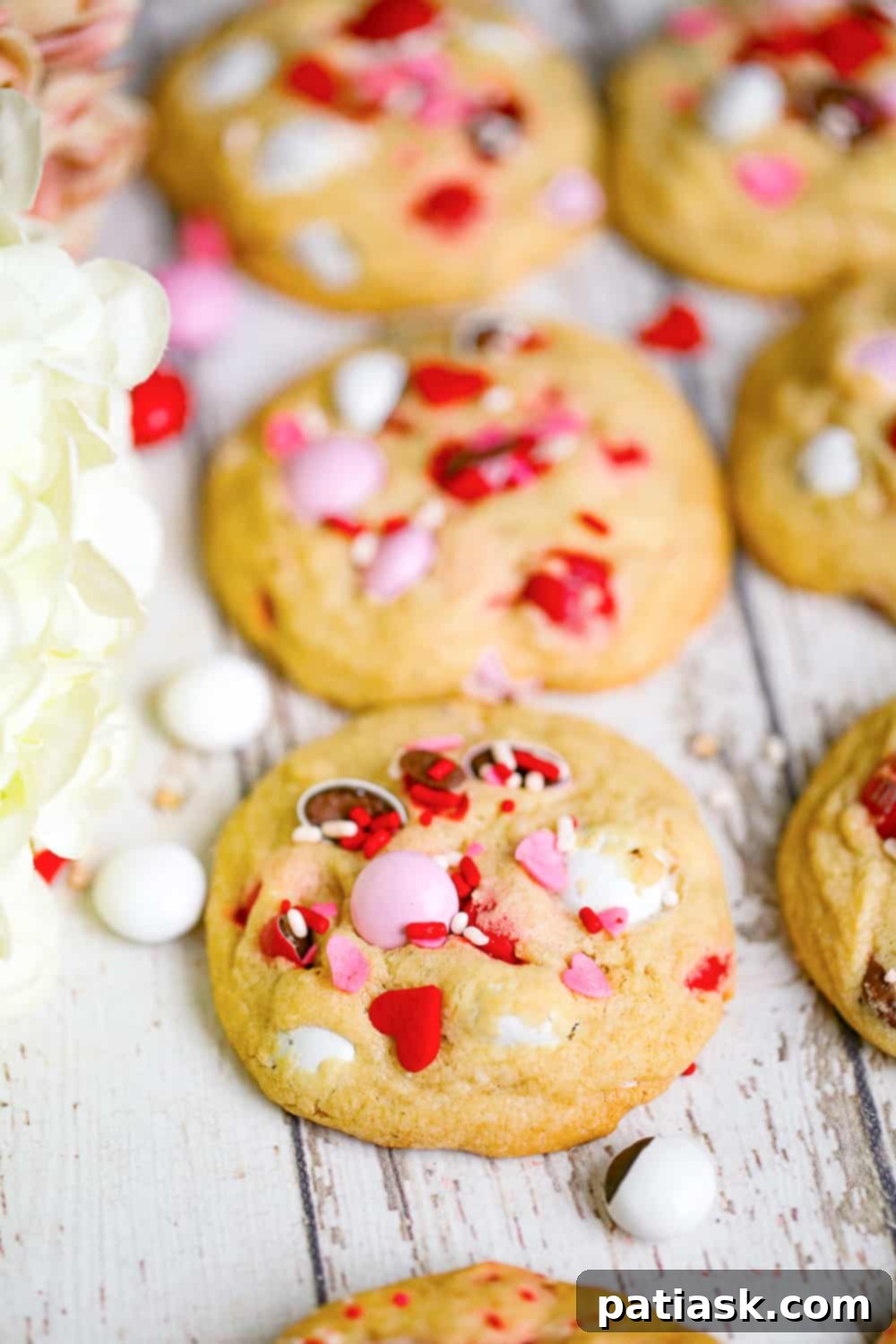 Colorful Valentines M and M Cookies 5 Valentine's Day M&M Cookies recipe red, pink and white chocolate candies