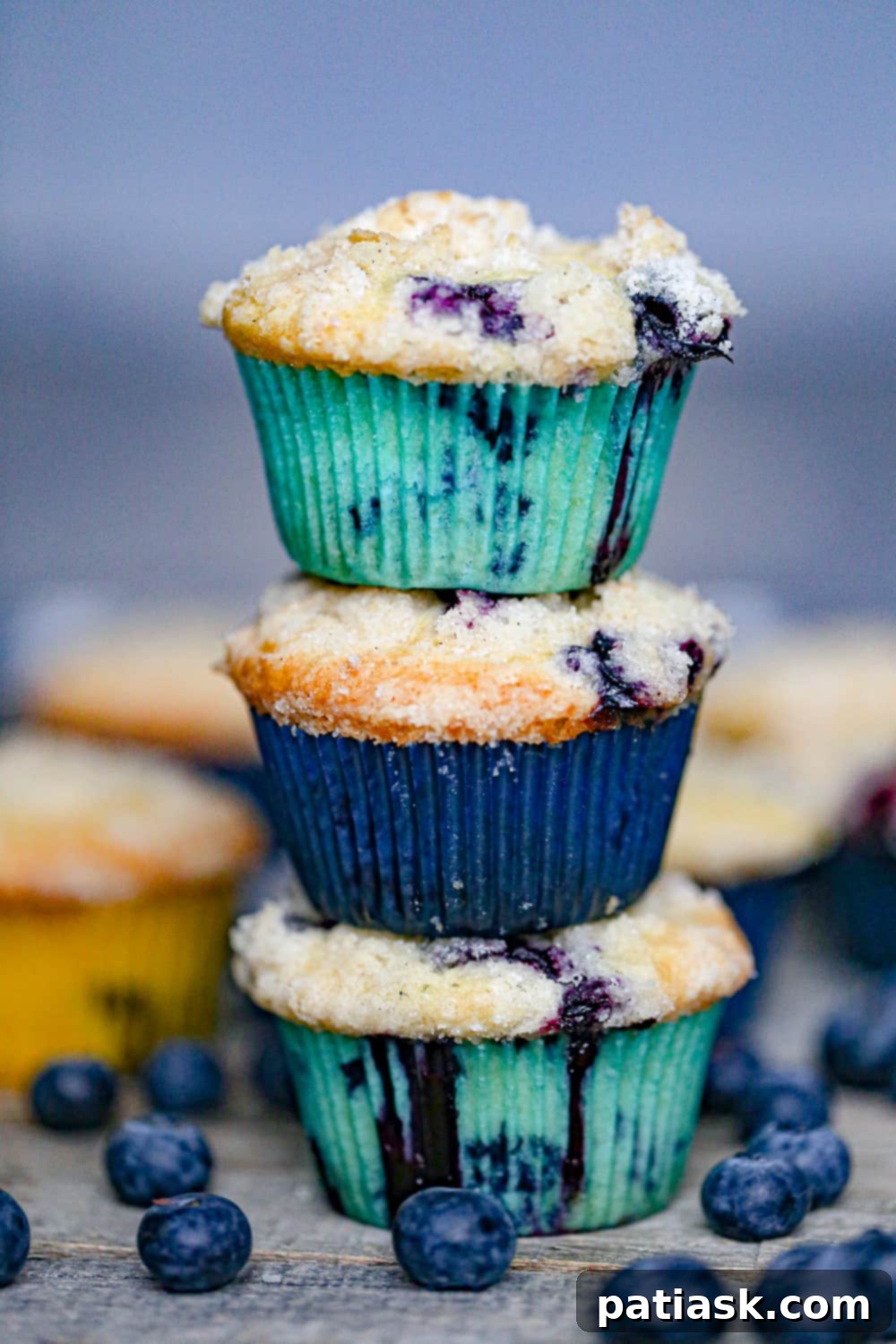 Decadent Blueberry Cream Cheese Muffins 7 A stack of Blueberry Cream Cheese Muffins, showcasing their fluffy texture and delicious topping.