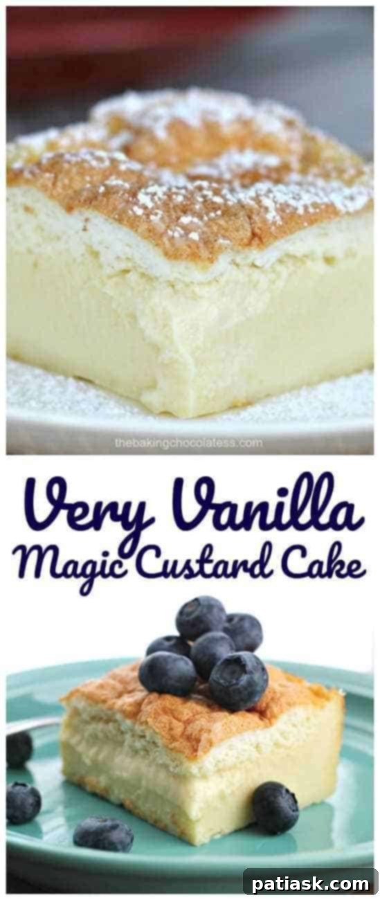 Vanilla's Layered Custard Dream 7 A tall, narrow slice of Very Vanilla Magic Custard Cake, emphasizing its distinct layers