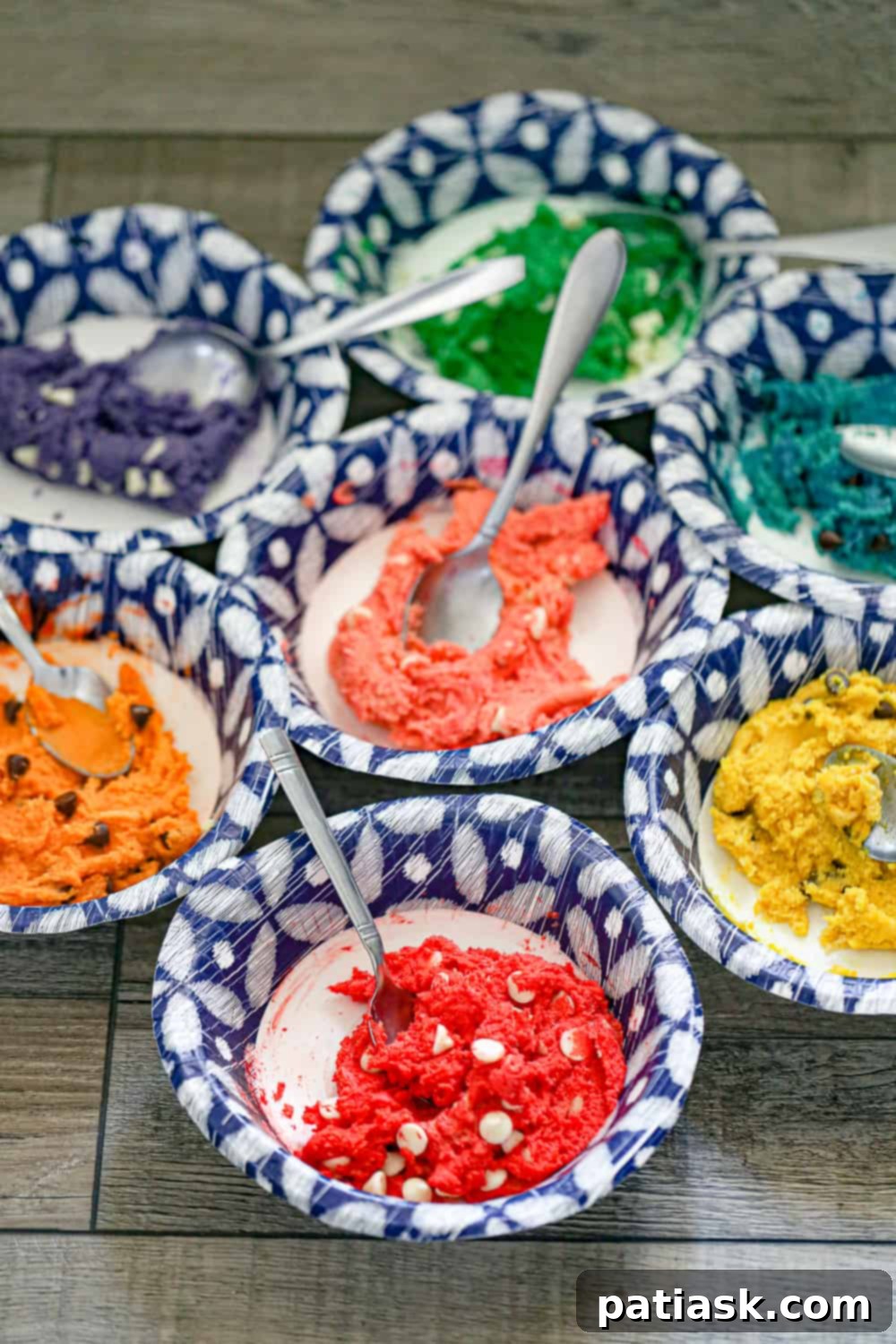 rainbow cookies with chocolate chips before baking