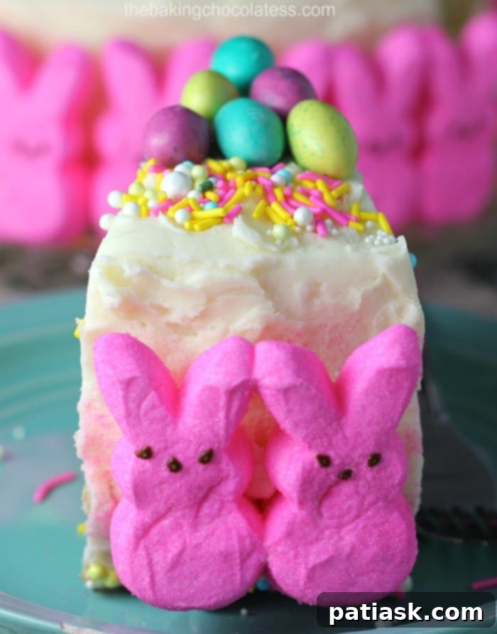 Easter Bunny Cake decorated with colorful Peeps marshmallow bunnies and M&M chocolate eggs