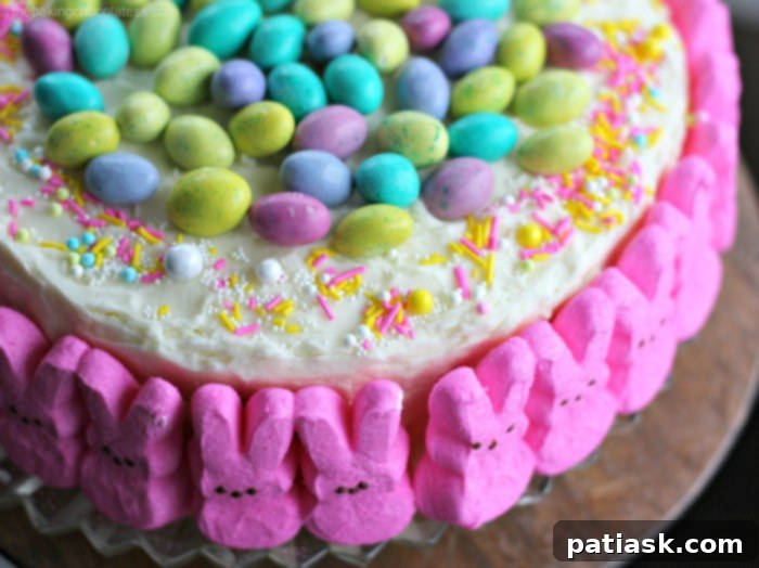 Close-up of Easter Bunny Cake showcasing vibrant Peeps and sprinkles