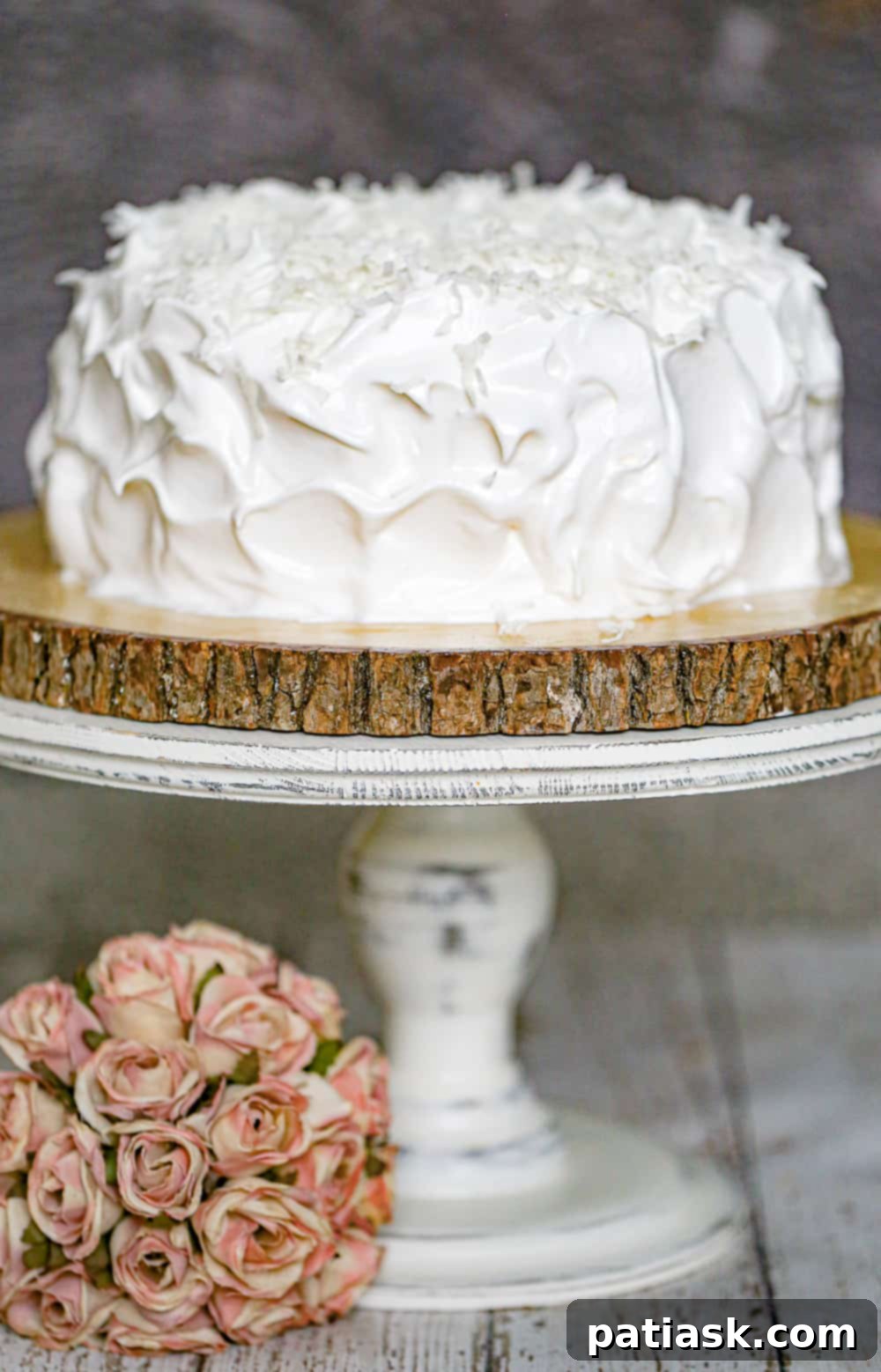 Close-up of Coconut Layer Cake with 7-Minute Frosting