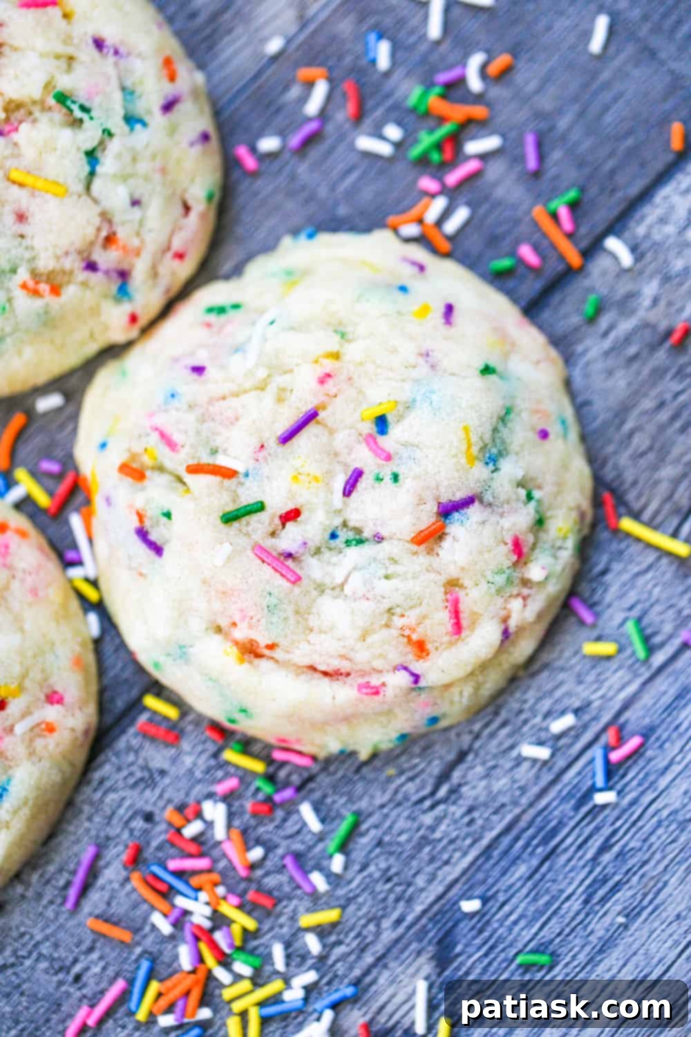 Delicious sprinkle sugar cookies with colorful funfetti on a cooling rack