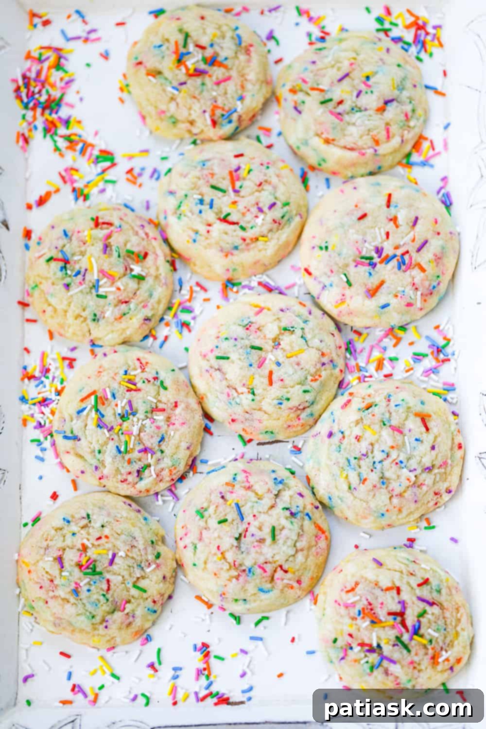 A stack of freshly baked sprinkle sugar cookies ready to be enjoyed