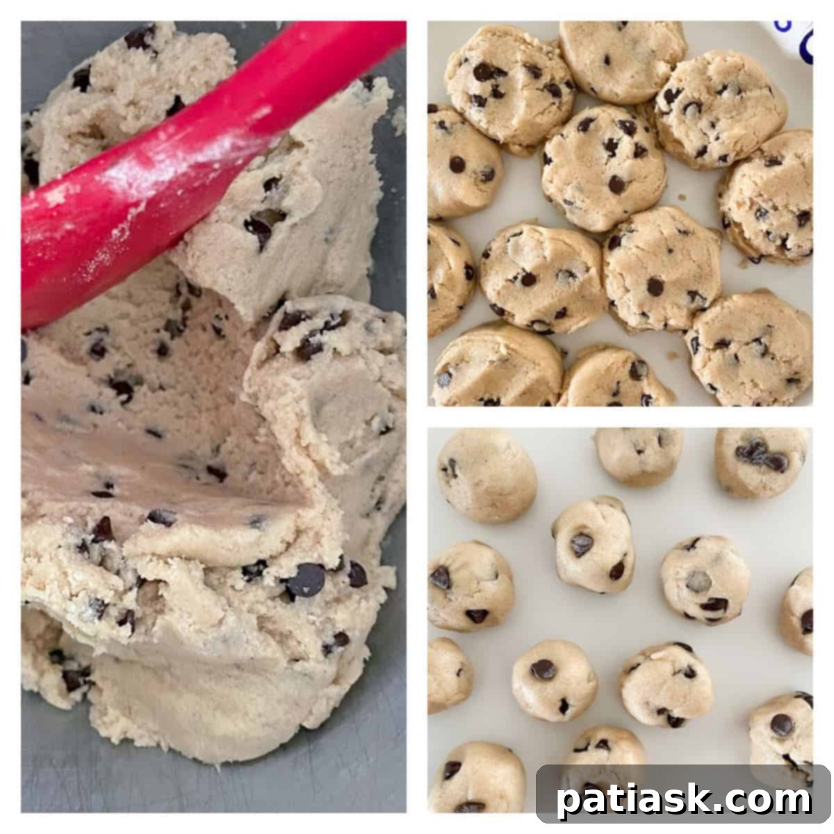 No-Bake Cookie Dough Delights 4 Step-by-step tutorial images showing the process of making cookie dough truffles, from dough to chocolate coating