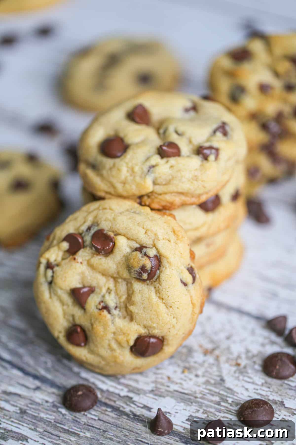 Ultimate Chocolate Chip Cookies 6 A close-up of a warm, soft chocolate chip cookie with melted chocolate chips