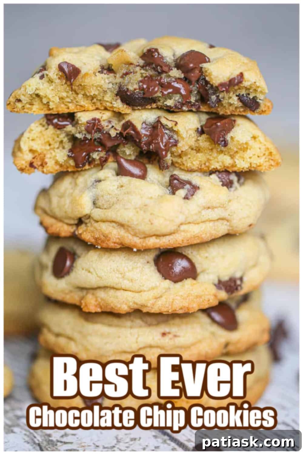 Ultimate Chocolate Chip Cookies 8 A stack of Best-Ever Chocolate Chip Cookies, showing their height and perfect chewiness