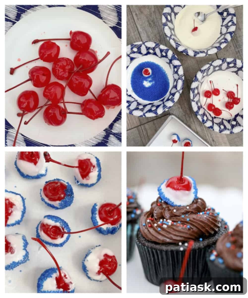 Patriotic Cherry Bomb Cupcakes 5 Collection of 4th of July Cherry Bomb Cupcakes on a tiered stand