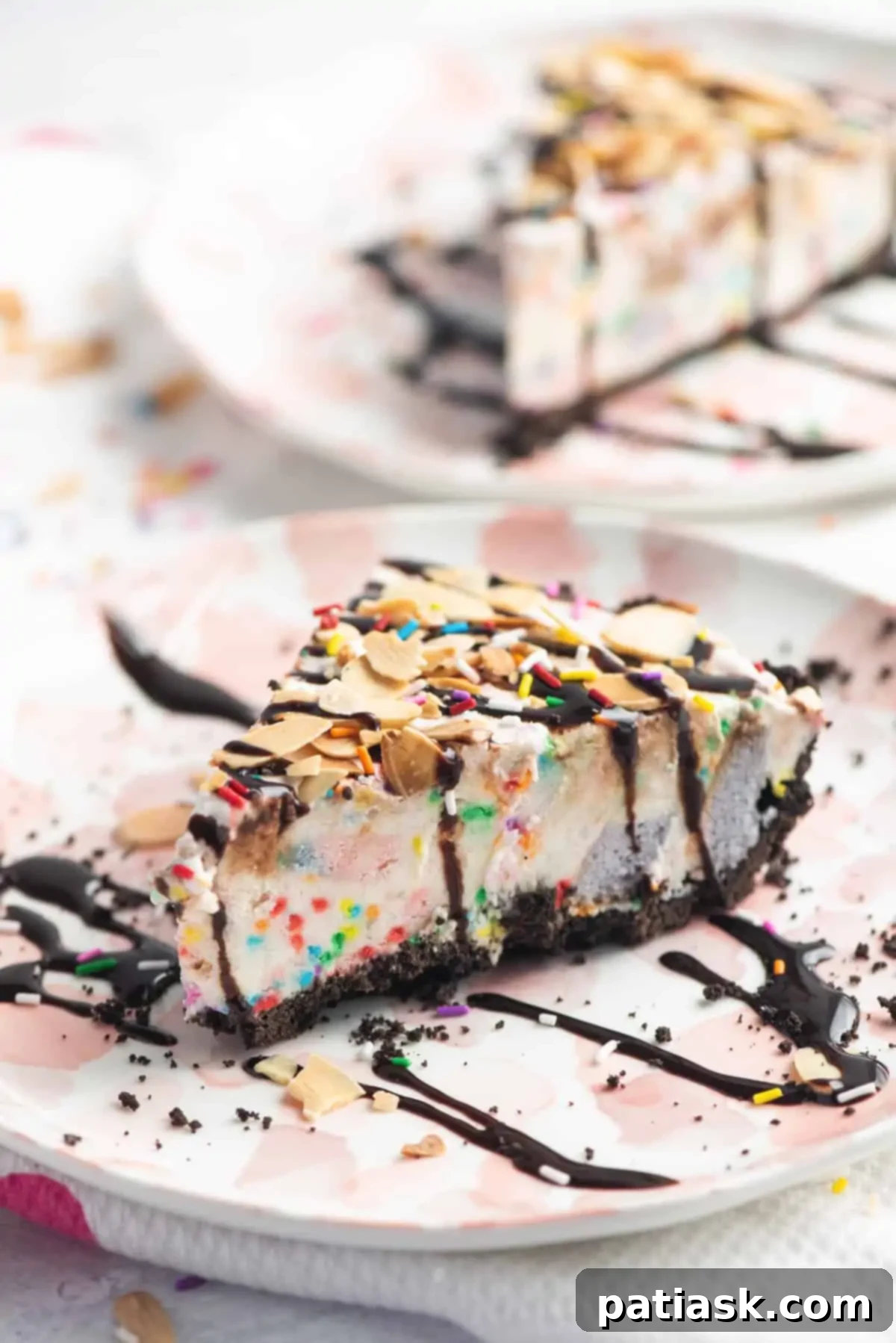 50 Sublime Ice Cream Treats to Savor This Summer 23 Easy homemade ice cream pie with a chocolate crust, vanilla ice cream, cake chunks, chocolate syrup, almonds, and sprinkles.