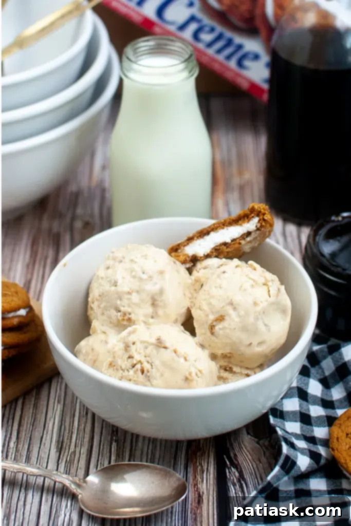 50 Sublime Ice Cream Treats to Savor This Summer 25 Homemade no-churn oatmeal creme pie ice cream in a white bowl.