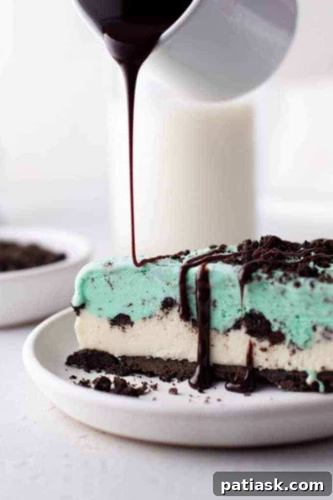 50 Sublime Ice Cream Treats to Savor This Summer 3 A slice of Grasshopper Ice Cream Pie with an Oreo crust, layers of vanilla and mint chip ice cream, and chocolate drizzle.