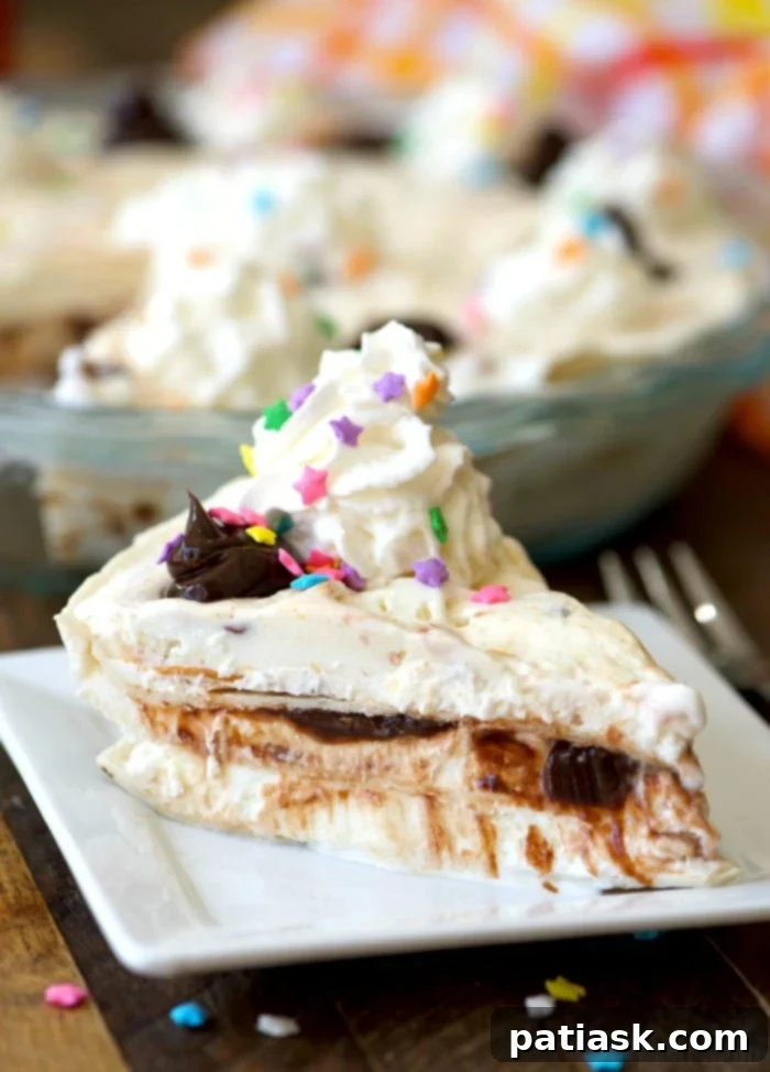 50 Sublime Ice Cream Treats to Savor This Summer 38 Easy Layered Ice Cream Sundae Pie with fudge, ice cream, whipped cream, and sprinkles.