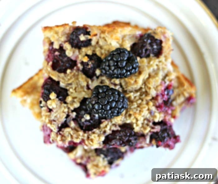 Tropical Blackberry Coconut Baked Oats 3 Close-up of baked blackberry coconut oatmeal, showcasing the tender oats, plump blackberries, and toasted coconut flakes.