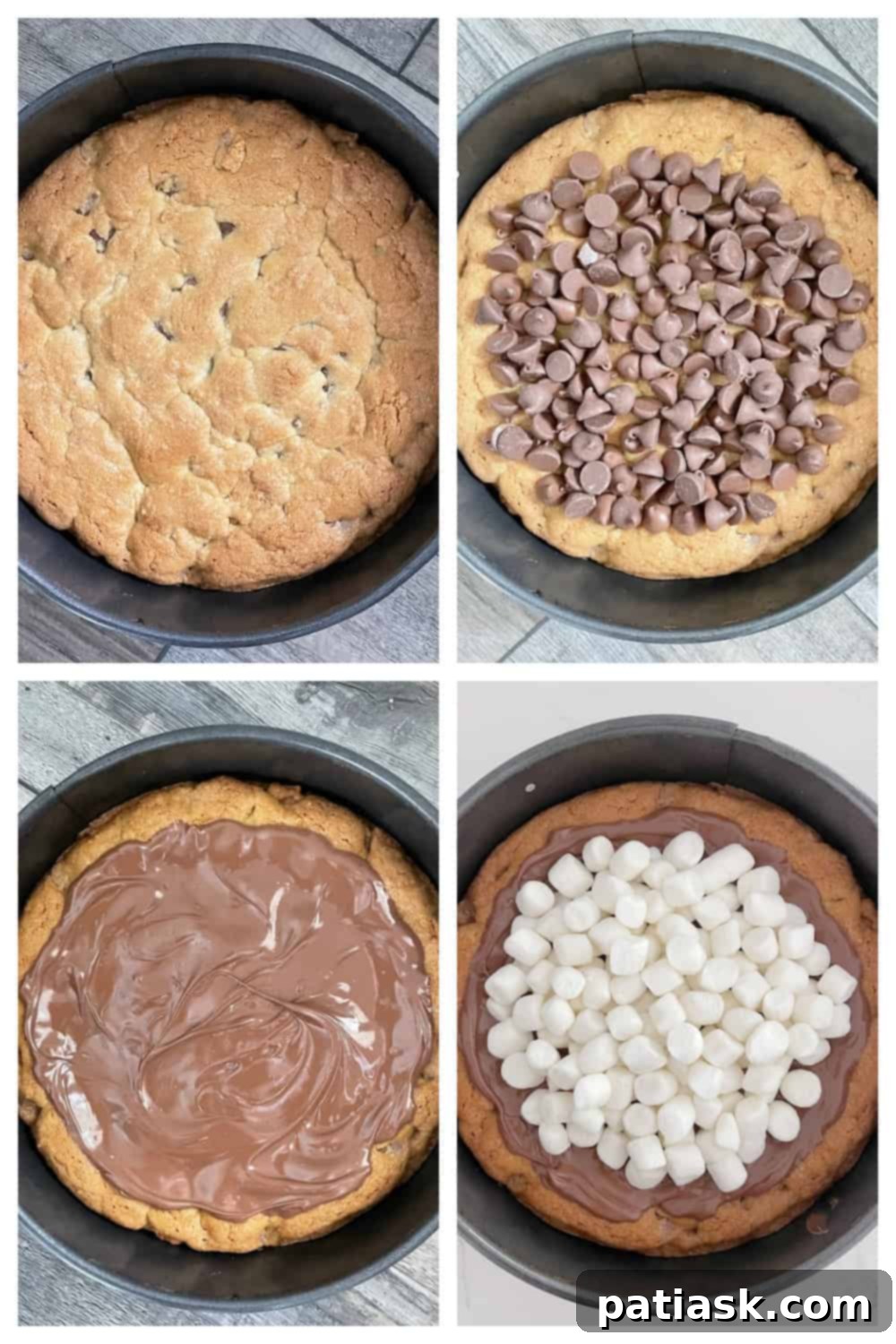 S'mores Cookie Cake 6 Freshly baked S'mores Cookie Cake with toasted marshmallows and melted chocolate