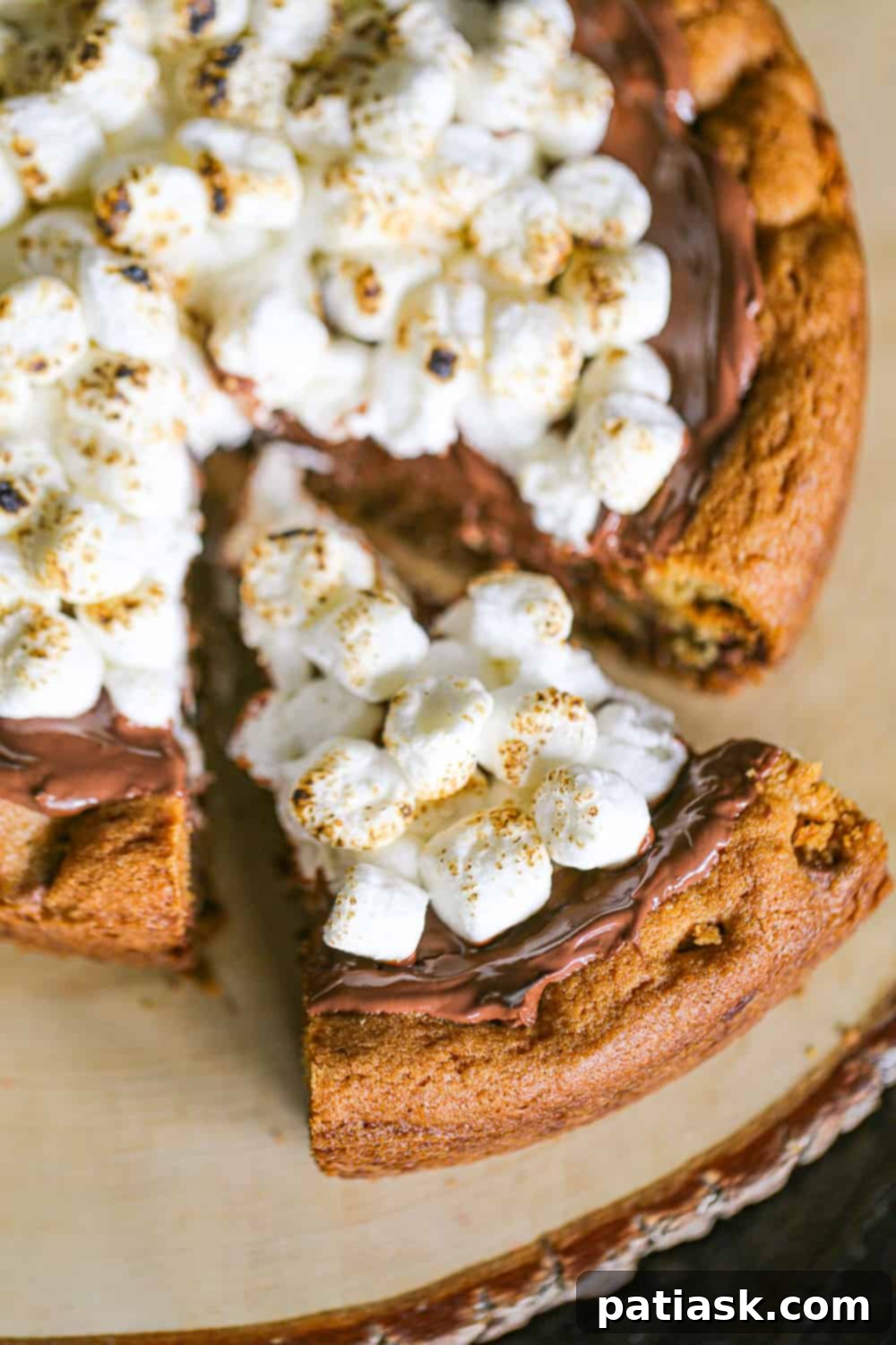 S'mores Cookie Cake 4 S'mores Cookie Cake with a slice removed, showing all layers