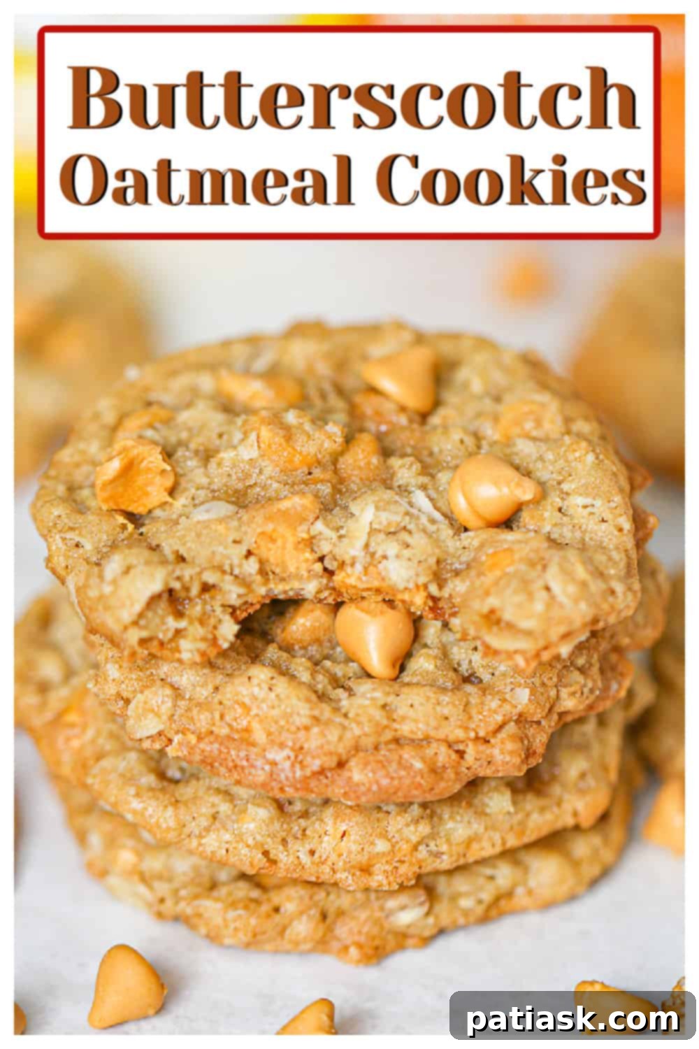 A close-up of a butterscotch oatmeal cookie with melted chips and a perfect chew.