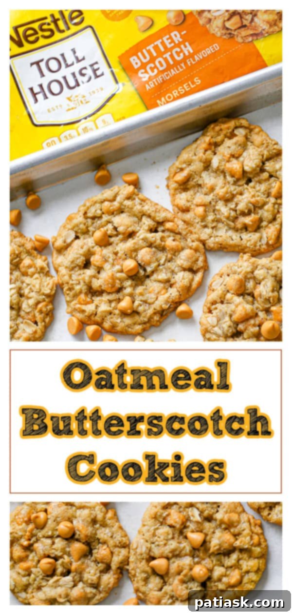 A baking sheet with more butterscotch oatmeal cookies, some stacked for presentation.