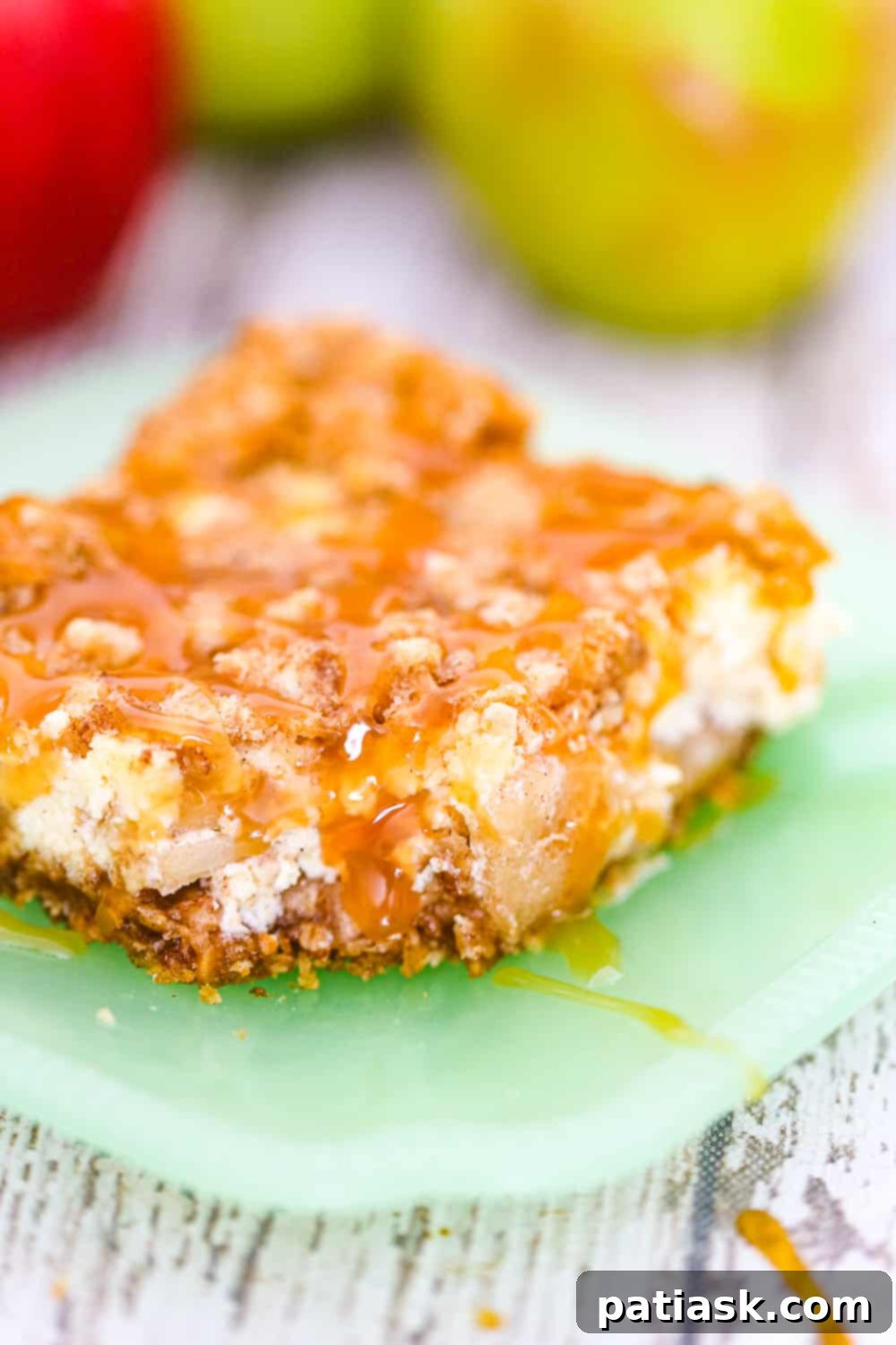 Autumn Apple Crumble Cheesecake Squares 7 Caramel Apple Crisp Cream Cheese Bars with generous caramel drizzle