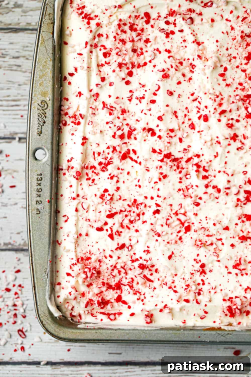 Close-up of Peppermint Tres Leches Cake with generous whipped cream and candy cane sprinkles