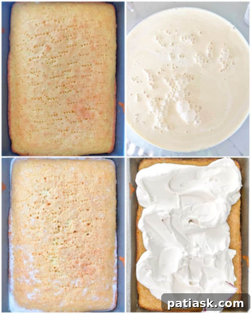 Two views of the festive Peppermint Tres Leches Cake, ready to serve