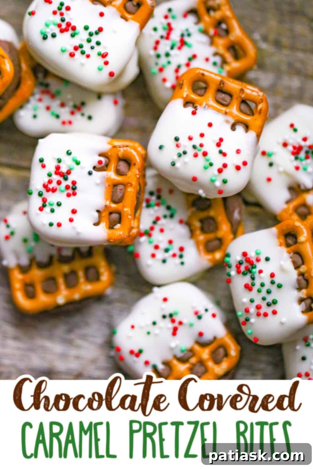 White Chocolate Pretzel Rolo Delights 11 Chocolate covered caramel pretzel bites on a serving platter