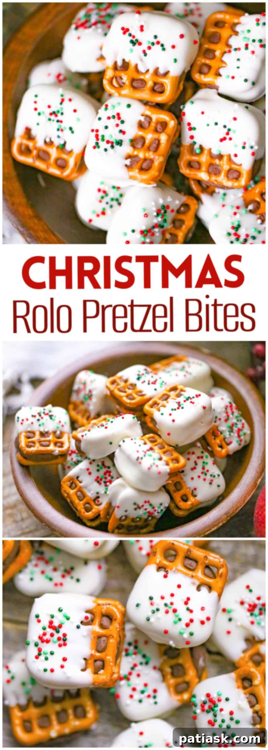 White Chocolate Pretzel Rolo Delights 12 Christmas Rolo pretzel bites with festive sprinkles