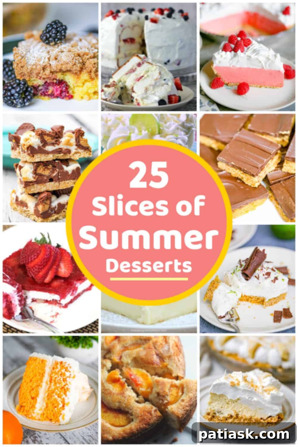 25 Heavenly Summer Desserts 2 A vibrant collage of 25 different Heavenly Summer Desserts, showcasing fresh fruits, creamy textures, and decadent chocolates.
