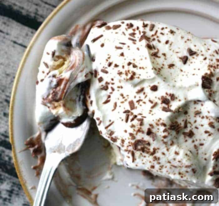 25 Heavenly Summer Desserts 12 Chocolate Cream Layered Dessert in a serving dish, showing the distinct layers of chocolate, cream, and crust.