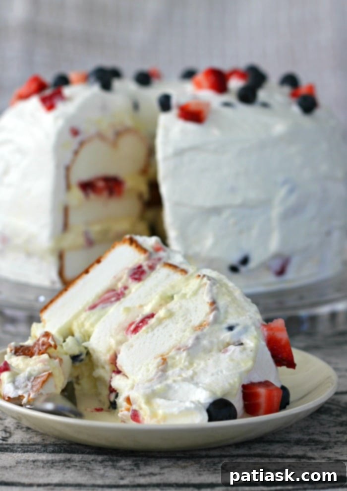 25 Heavenly Summer Desserts 3 Close-up of Fluffy Angel Food Cake Delight with Fresh Berries, showing layers of cake, cream, and fruit.