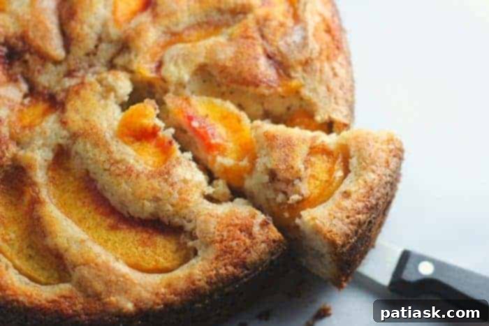 25 Heavenly Summer Desserts 4 Slice of Heavenly Peach Greek Yogurt Cake, featuring golden crust and juicy peach pieces.