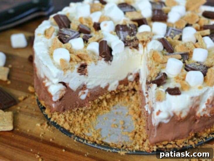 25 Heavenly Summer Desserts 5 Decadent S'more Ice Cream Cake with layers of chocolate ice cream, marshmallows, and graham crackers.