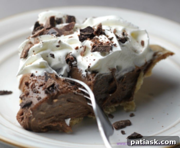 25 Heavenly Summer Desserts 10 Slice of Dark Chocolate Silk Pie, showing its smooth, rich texture and chocolate shavings.