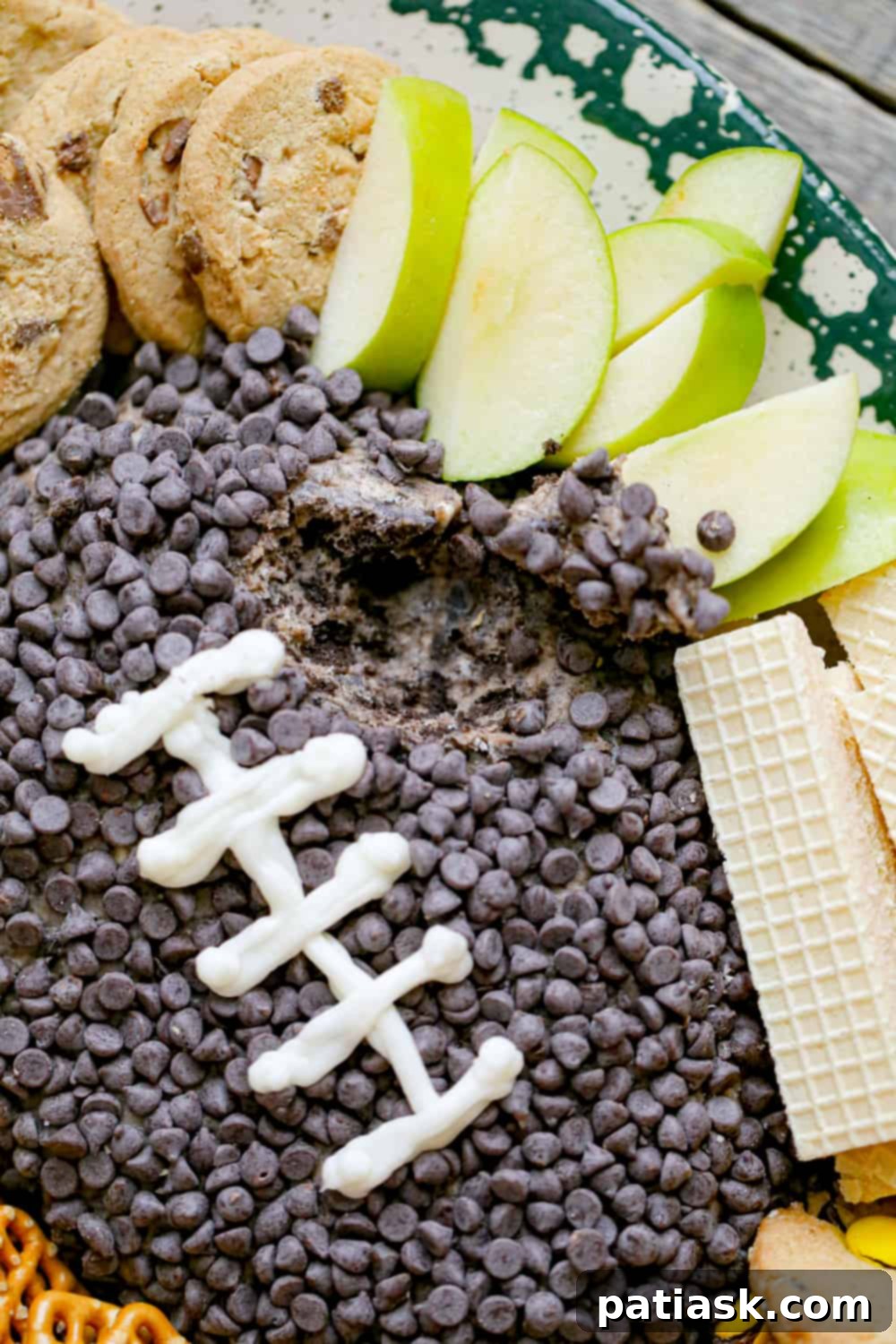 Close-up of creamy Oreo football dip on a serving platter