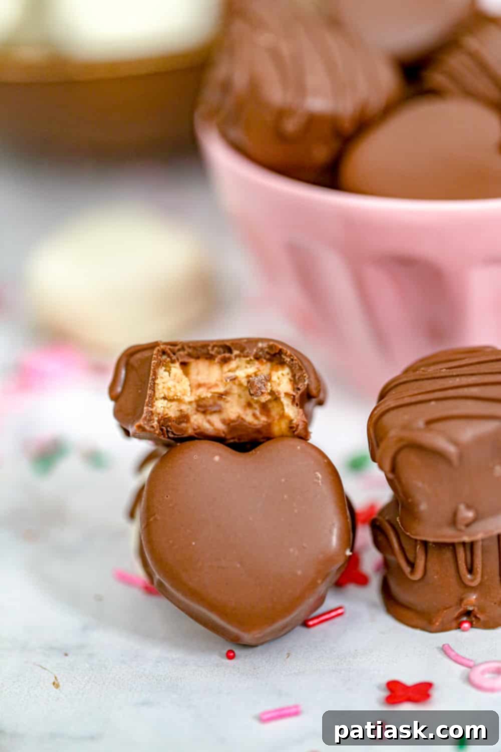 Valentine's Peanut Butter Chocolate Kisses 6 Stack of chocolate peanut butter hearts on a plate, ready for Valentine's Day