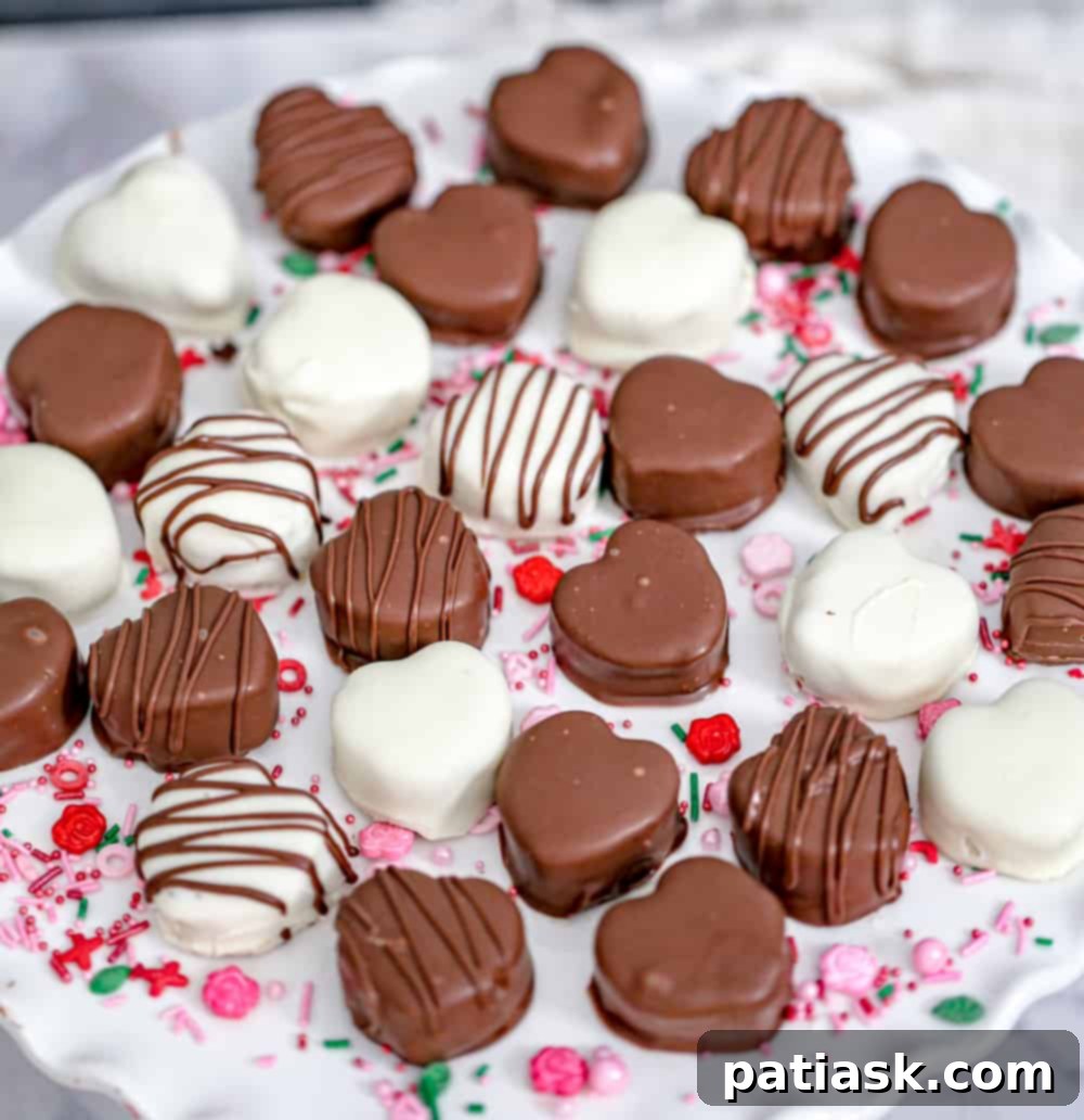 Valentine's Peanut Butter Chocolate Kisses 9 A plate of homemade chocolate covered peanut butter hearts, perfect for Valentine's Day treats